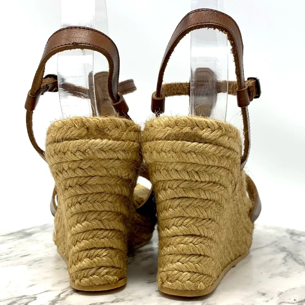 Andrea Assous Brown Leather Flower T-Strap Espadrille Wedges 9 Cottagecore